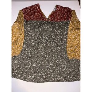 Ces Femme Floral Print Top V-Neck Long Sleeve Color Block Blouse oversized Small